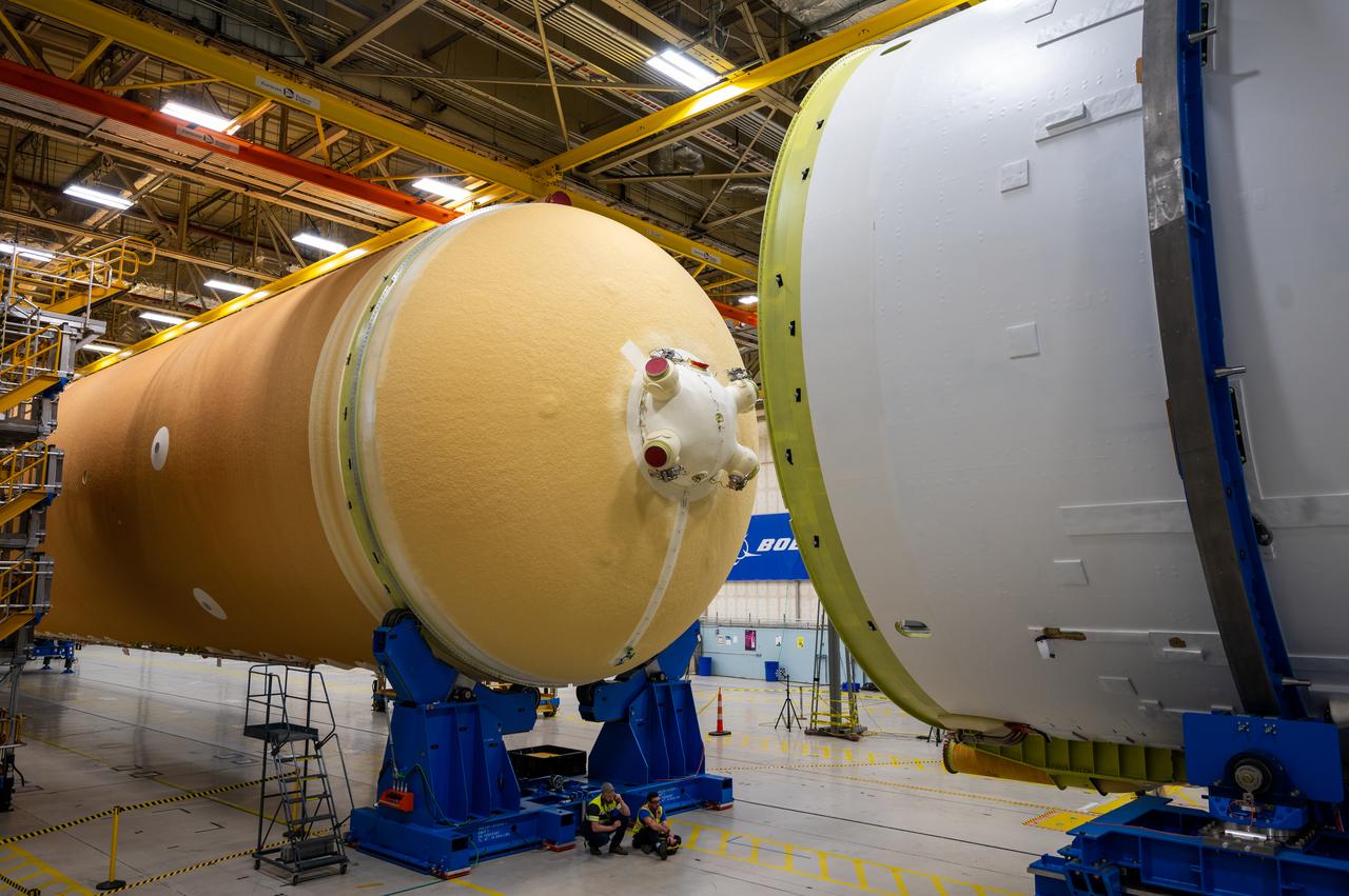 Technicians at NASA’s Michoud Assembly Facility in New Orleans moved the engine section of NASA’s Space Launch System (SLS) rocket for Artemis II, the first crewed mission to the Moon, into position for the final join of the core stage Feb. 22. The engine section is the bottom-most portion of the 212-foot-tall core stage. It is the last of five major elements that is needed to connect the stage into one major structure. In addition to its miles of cabling and hundreds of sensors, the engine section is a crucial attachment point for the four RS-25 engines and two solid rocket boosters that produce a combined 8.8 million pounds of thrust at liftoff and flight. During launch and flight, liquid propellants from the liquid hydrogen tank and liquid oxygen tanks are delivered through the engine section to the four RS-25 engines. The engine section also includes the avionics that help steer the engines after liftoff. Next, teams will join the engine section to the core stage for the second SLS rocket. After the join is complete, teams will begin to add each of the four RS-25 engines one by one to complete the stage. The completely assembled stage with its four RS-25 engines will be shipped to NASA’s Kennedy Space Center in Florida later this year. The SLS rocket is the only rocket capable of carrying astronauts in Orion around the Moon in a single mission.
